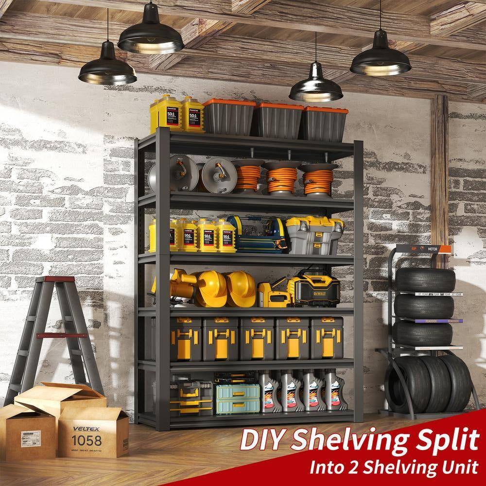 6 Tier Metal Shelves for Storage Garage Shelving, Heavy Duty Storage Shelves Adjustable Garage Shelf in Black+ Gray
